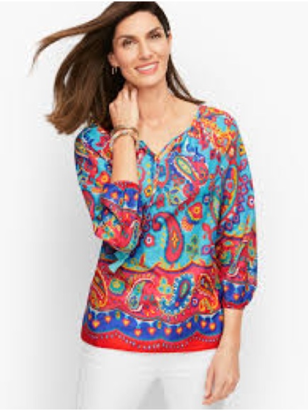 Talbots Turquoise Red Multi Paisley V-Neck Blouse